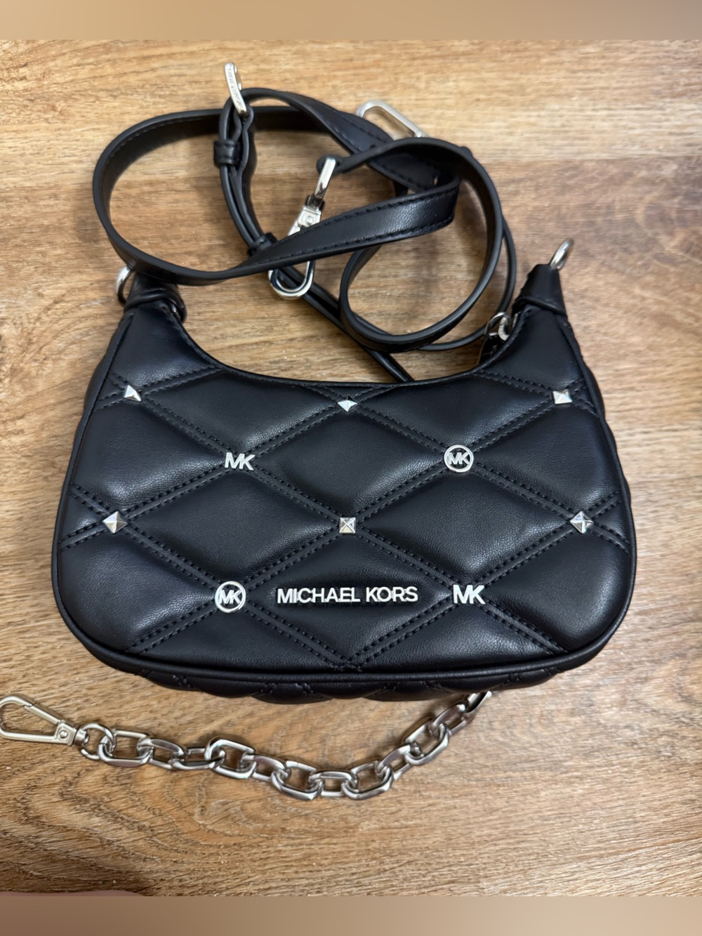 Michael Kors Black Quilted Crossbody Bag with Silver Accents